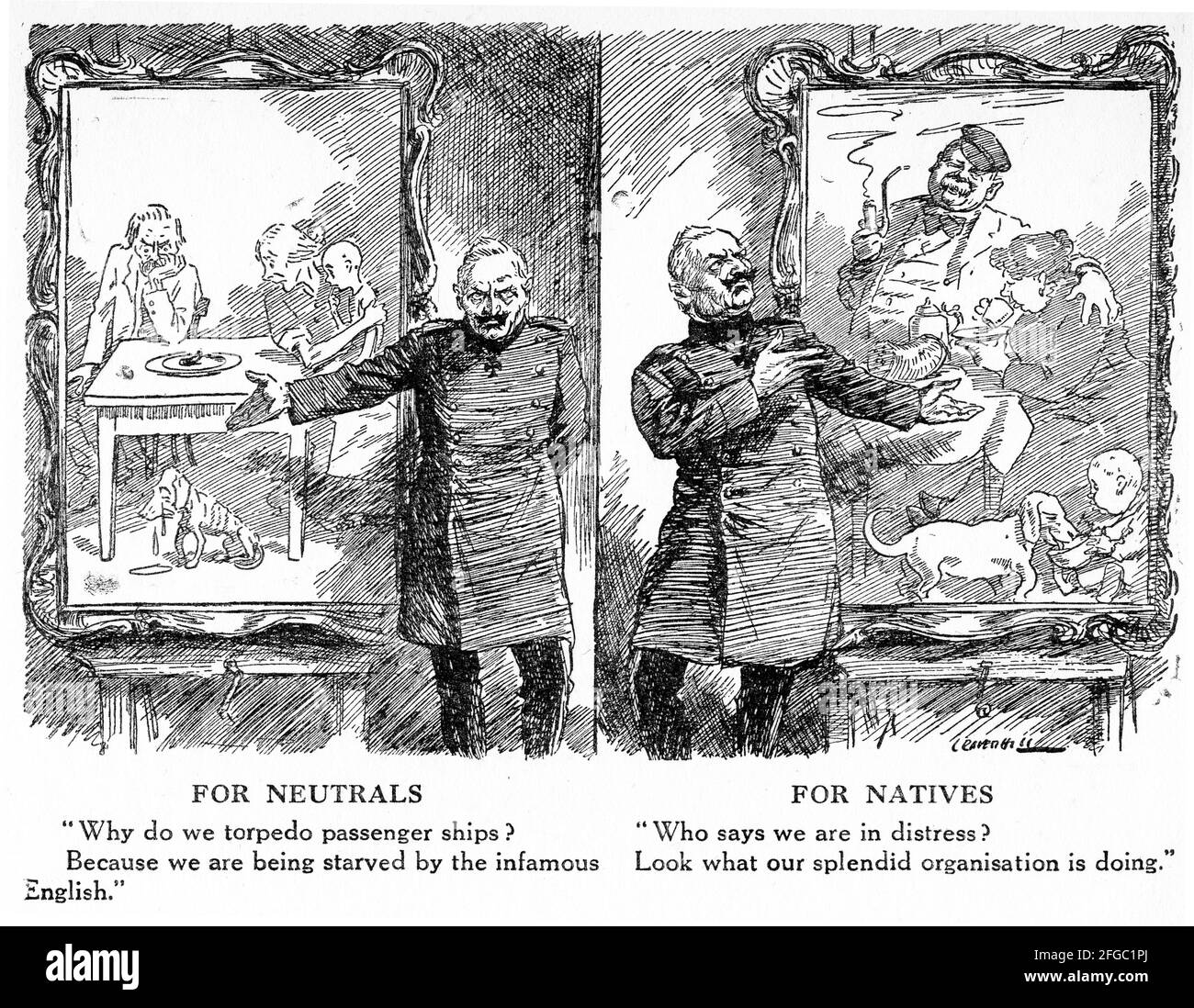 Engraving of a German politician giving two different stories for the sake of propaganda during World War One. From Punch magazine. Stock Photo
