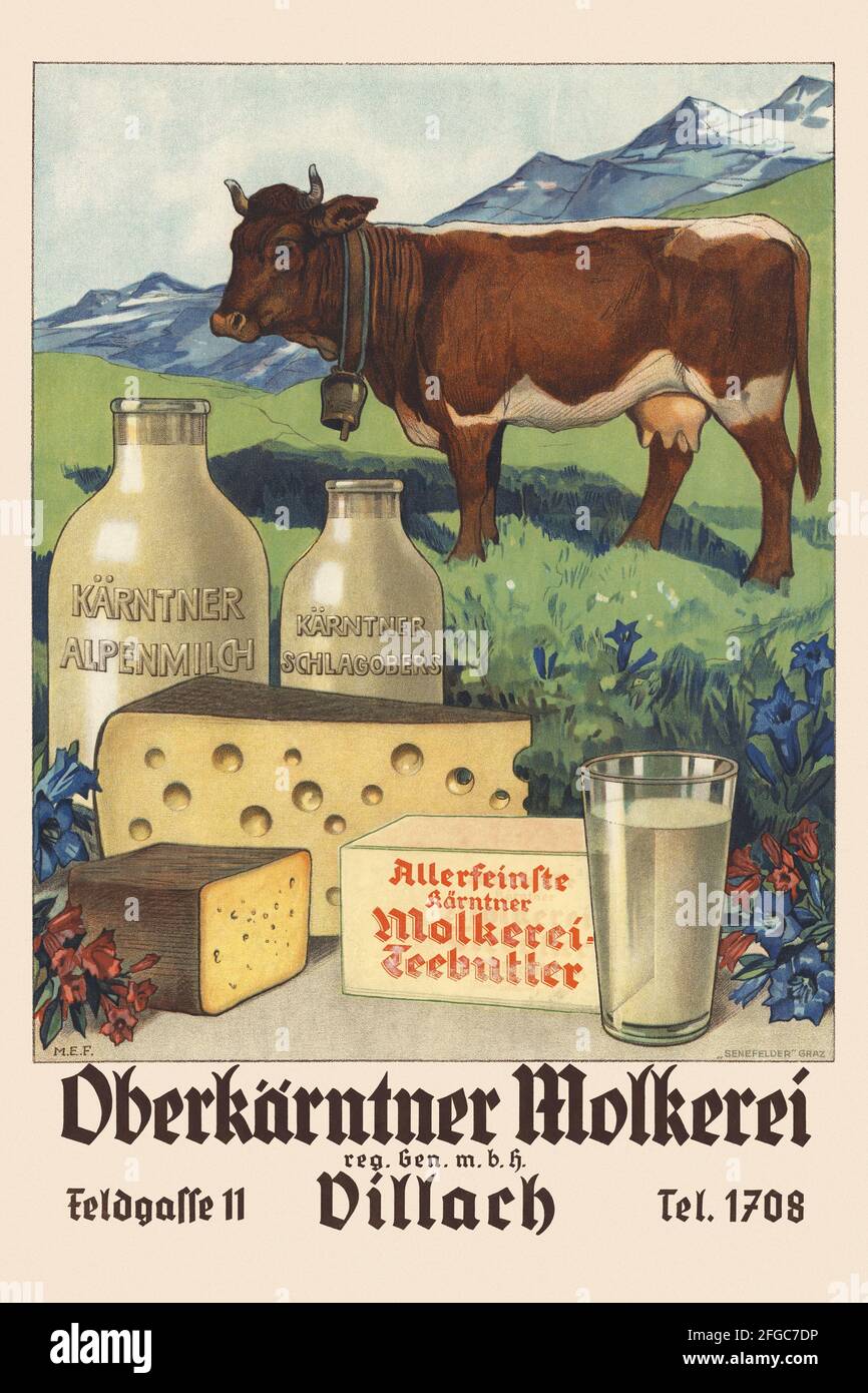 Oberkärntner Molkerei. Villach. Kärntner Alpenmilch. Kärntner Schlagobers. Artist unknown. Restored vintage poster published in 1930 in Austria. Stock Photo