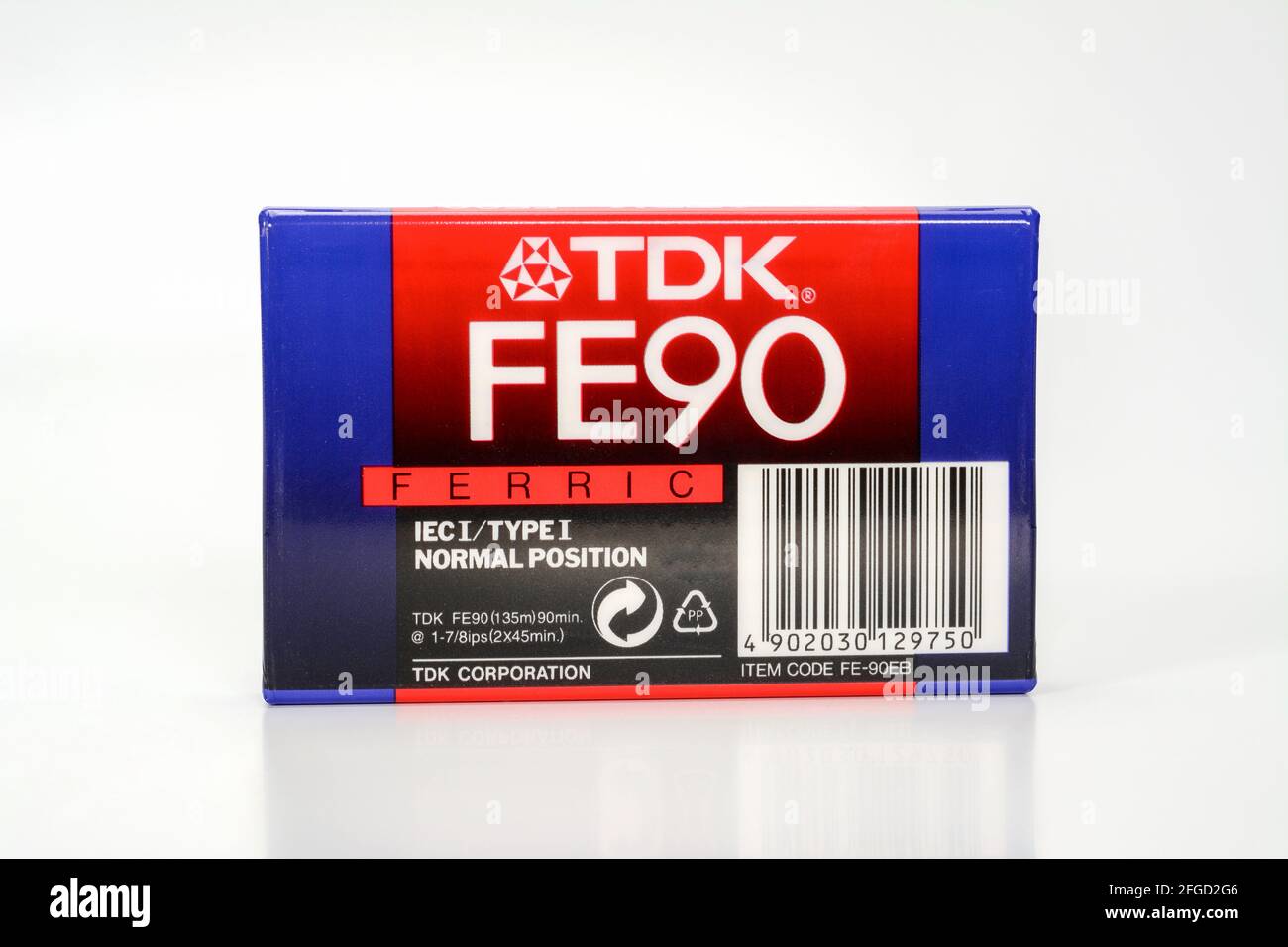 PRAGUE, CZECH REPUBLIC - NOVEMBER 29, 2018: Audio compact cassette TDK FE 90 Ferric. Audio cassette on a white background, back view. analog format fo Stock Photo