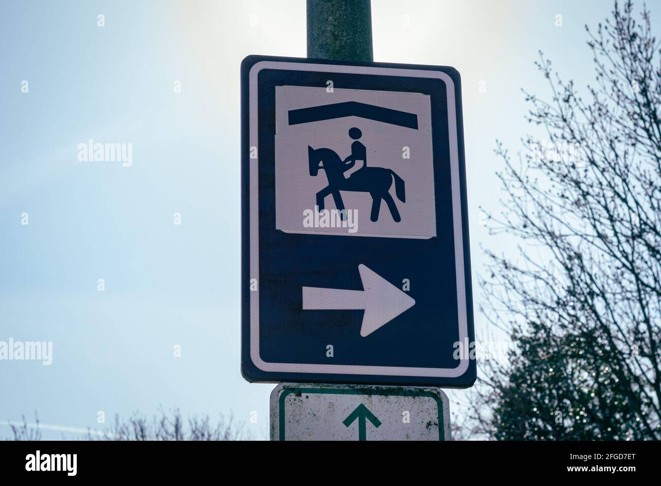 Sign with the symbol of a manage or horse riding school Stock Photo Alamy