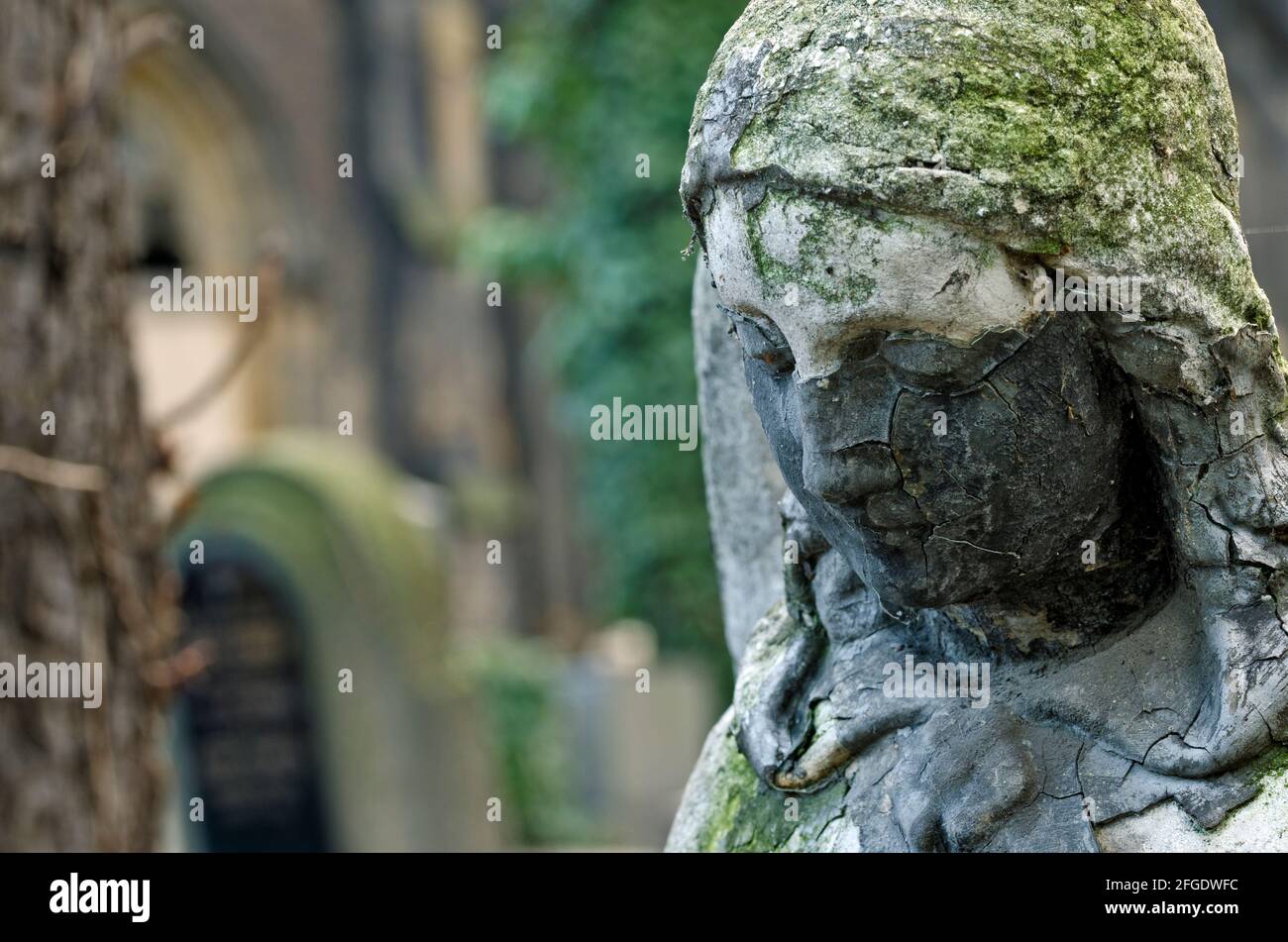 Cracked angel face - ancient statue at old cemetery Stock Photo