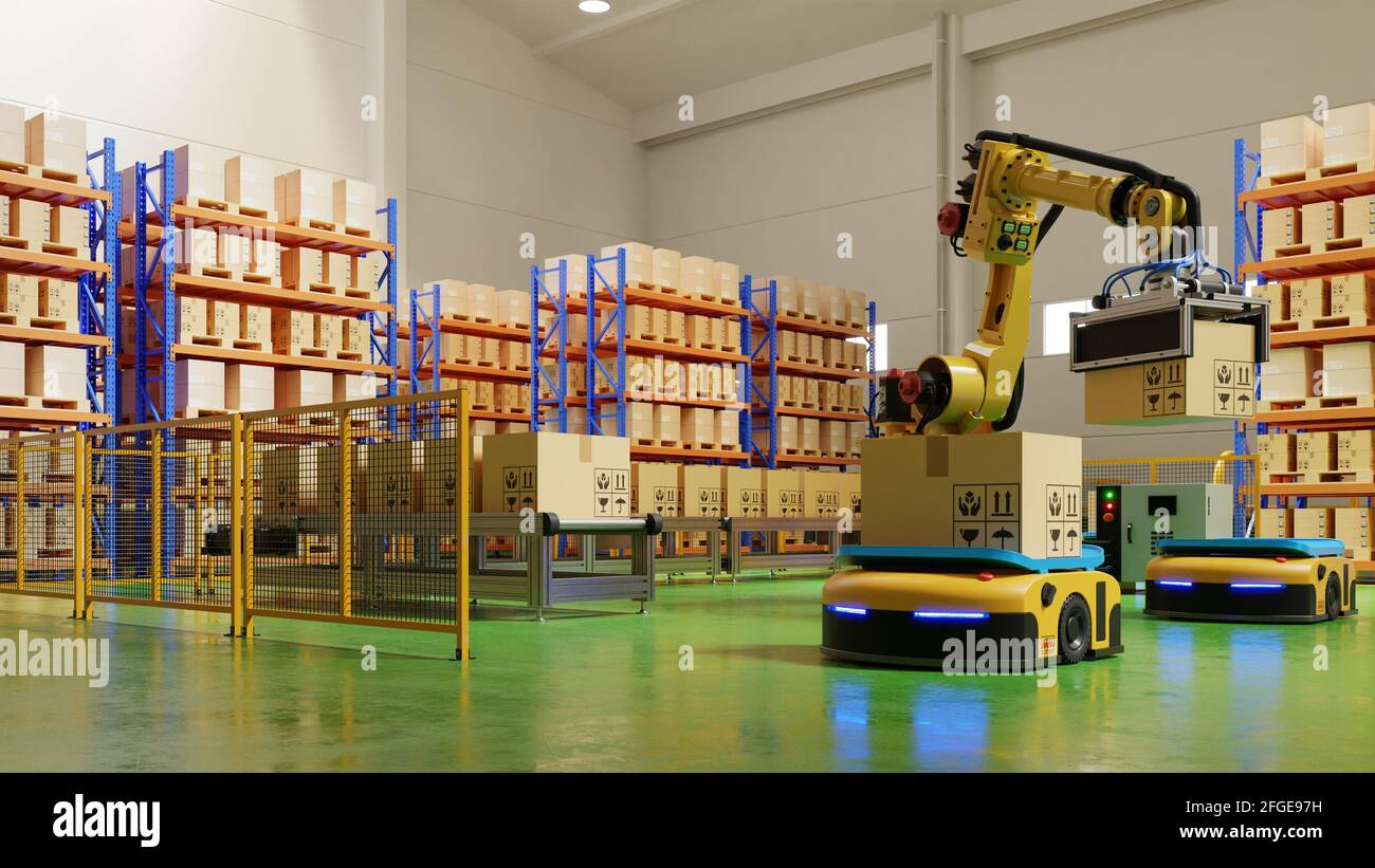 Factory Automation with AGV and robotic arm in transportation to ...