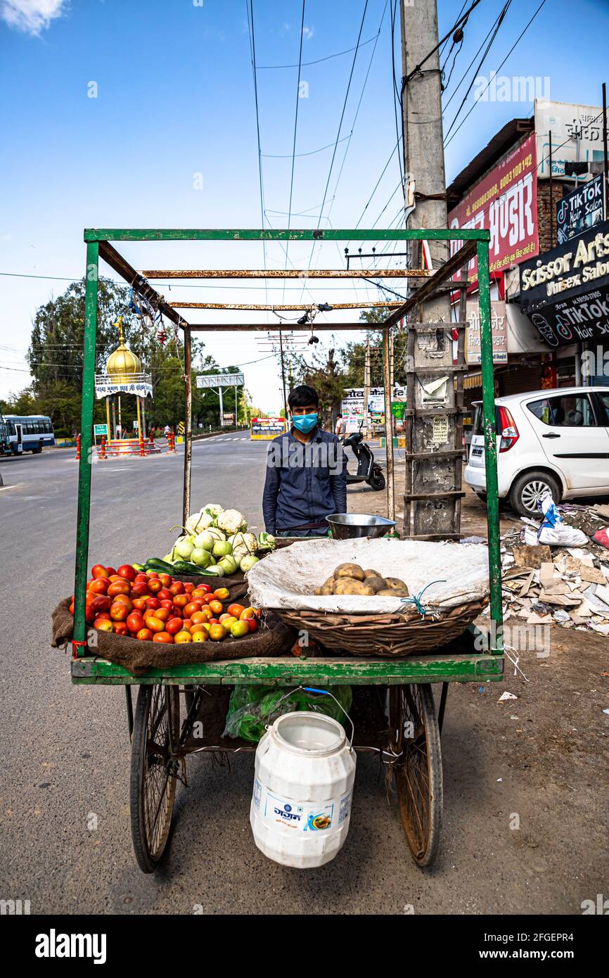 portrait of a street vendor selling vegetables during lock down in delhi. Stock Photo