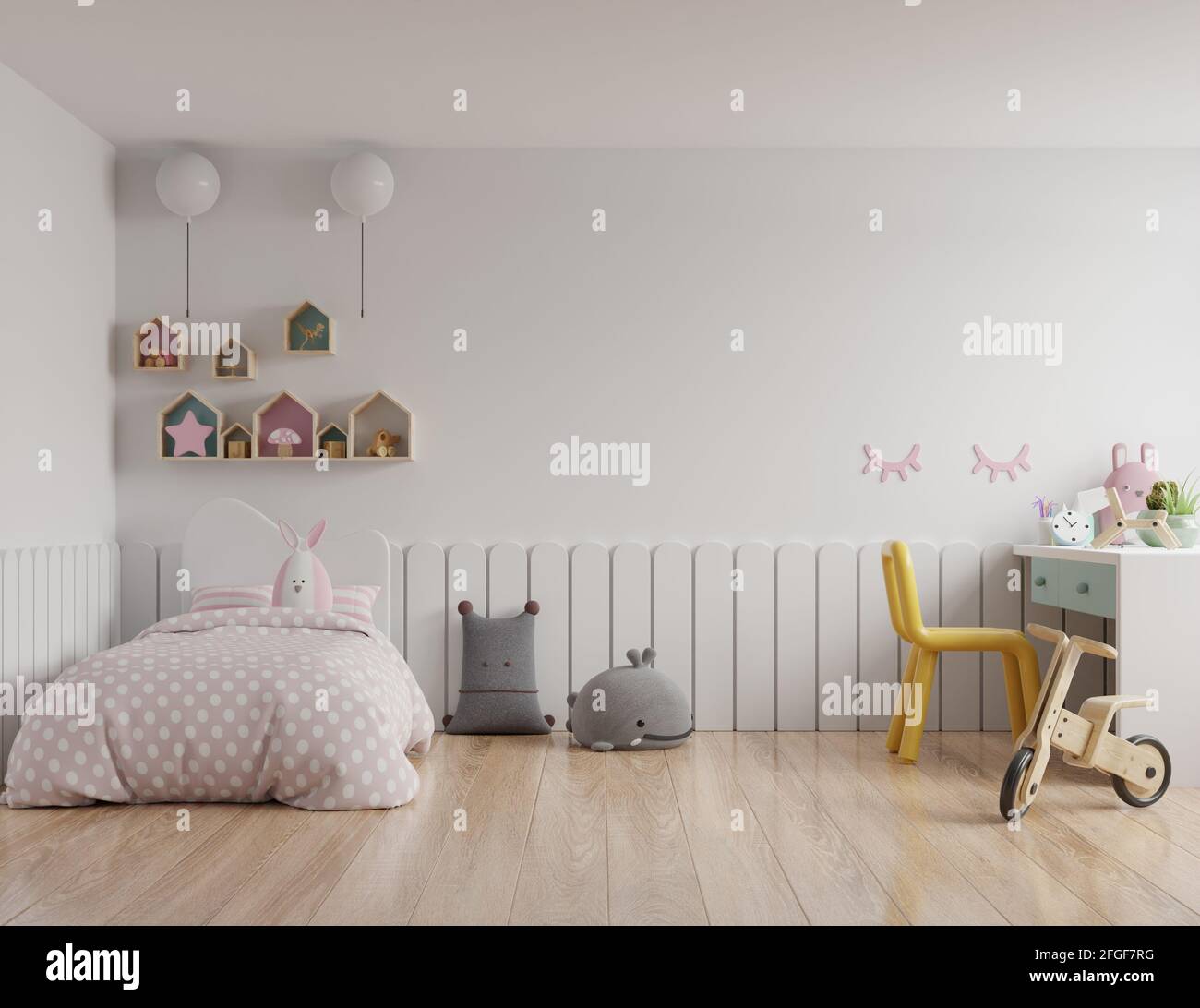 Bedroom mockup wall in the children's room in white wall background .3d ...