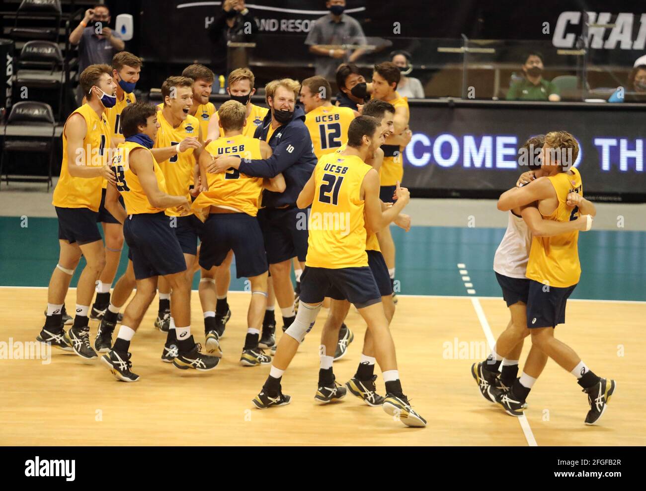 Honolulu, Hawaii, USA. April 24 2021: UC Santa Barbara players celebrate as the Gauchos seal the title during the BWC Championship game between the UC San Diego Tritons and the UC Santa Barbara Gauchos at the SimpliFi Arena at the Stan Sheriff Center in Honolulu, HI - Michael Sullivan/CSM Credit: Cal Sport Media/Alamy Live News Stock Photo