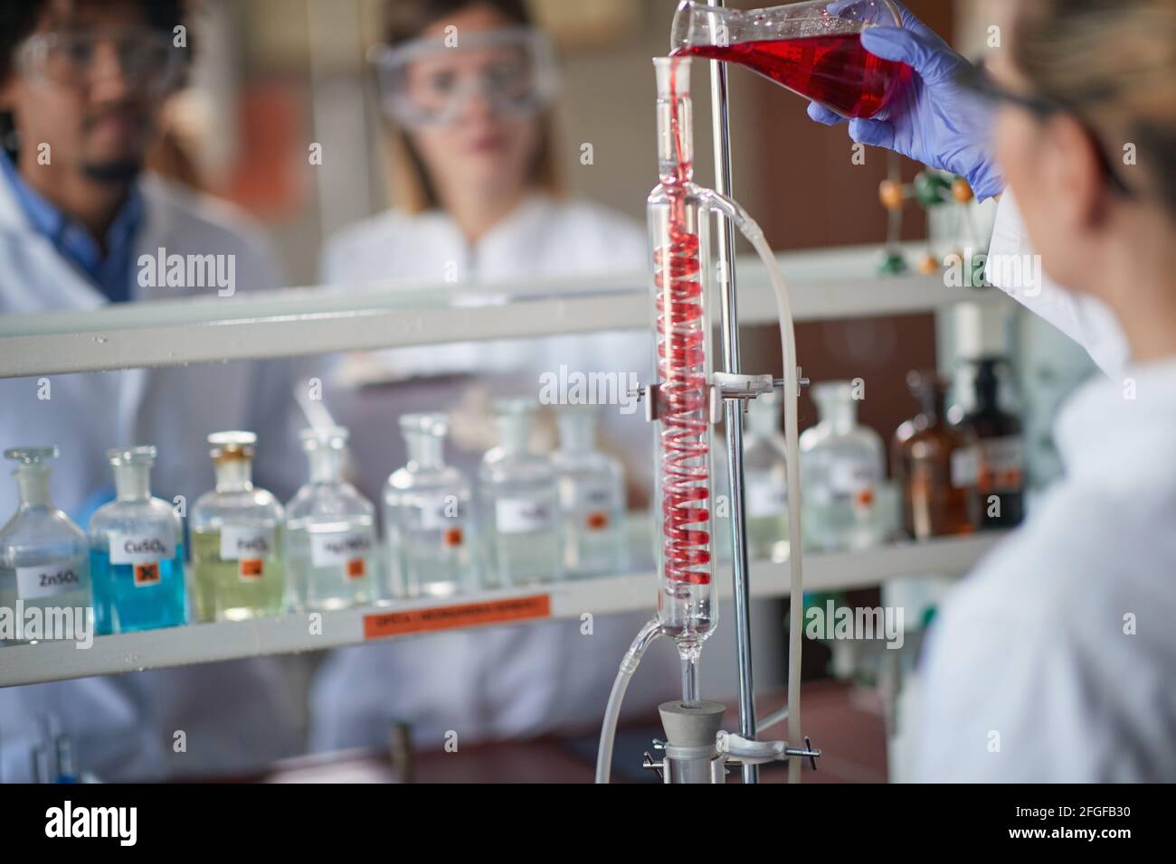 Young chemistry students are working with caution with chemical apparatus in a laboratory in a working atmosphere. Science, chemistry, lab, people Stock Photo