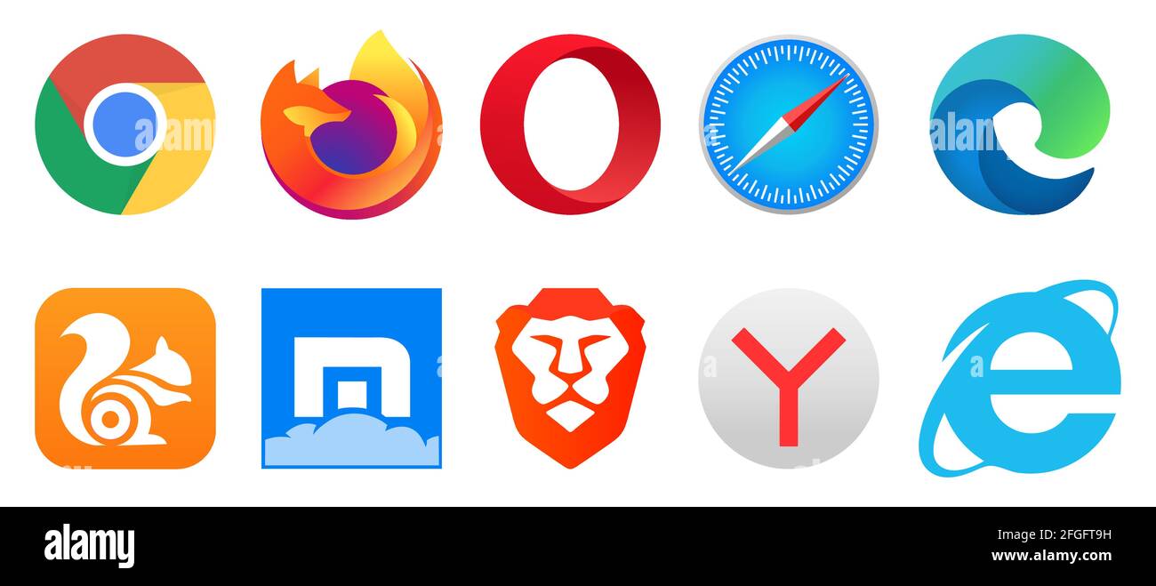 Vinnytsia, Ukraine - April 21, 2021: Set of popular logo internet browsers. Google Chrome, Mozilla Firefox, Opera, Safari, Microsoft Edge, UC Browser, Stock Vector