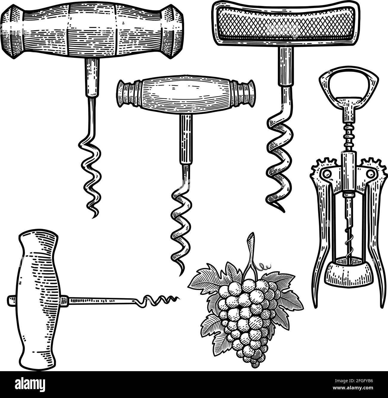 Set of Illustrations of corkscrew in engraving style. Design element for poster, card, banner, sign. Vector illustration Stock Vector