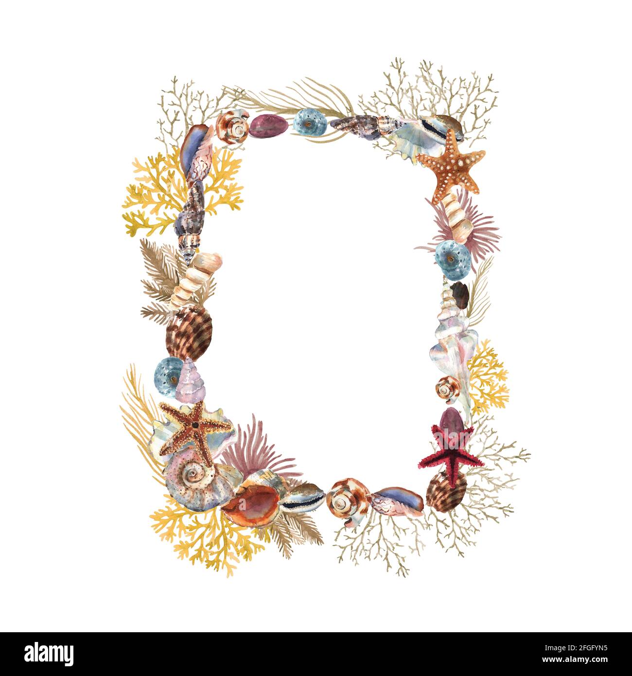 Beautiful watercolor frame with colorful sea shells, stars and plants for decorative design. Artistic backdrop. Underwater floral illustration. Stock Photo