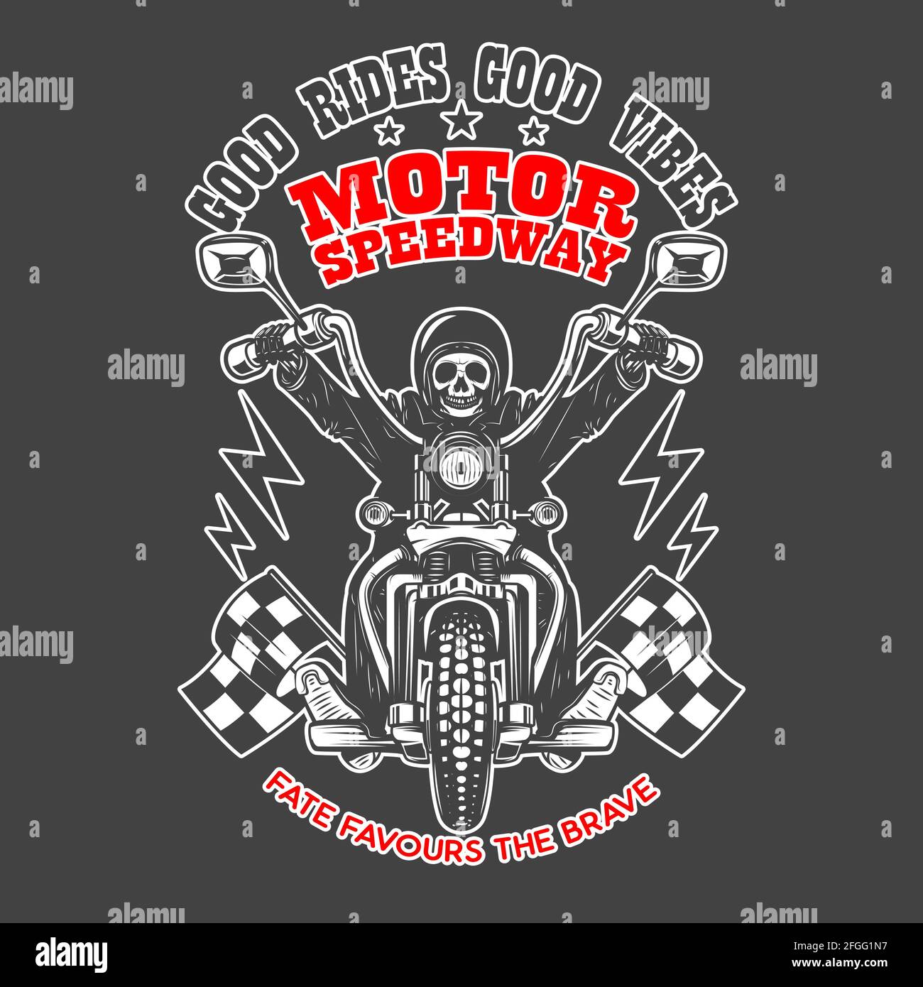 Motor speedway. Emblem template with skeleton on vintage motorcycle. Design element for logo, label, sign, emblem, poster. Vector illustration Stock Vector