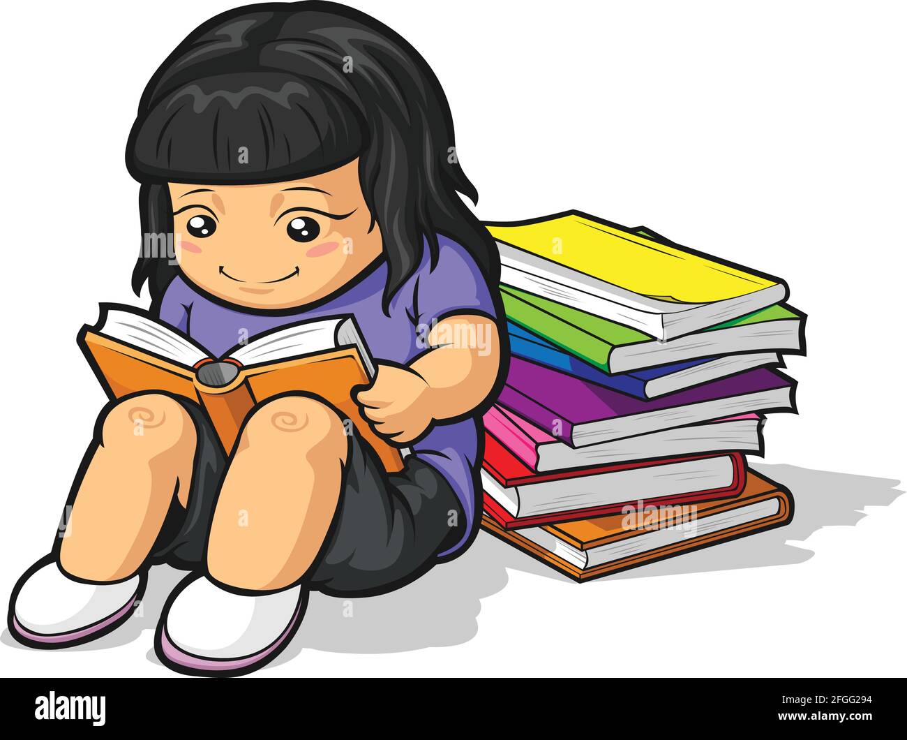 School Girl Student Studying & Reading Book Cartoon Illustration Stock Vector