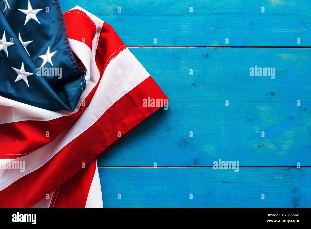 American flag on blue wooden planks, top view with copy space Stock ...