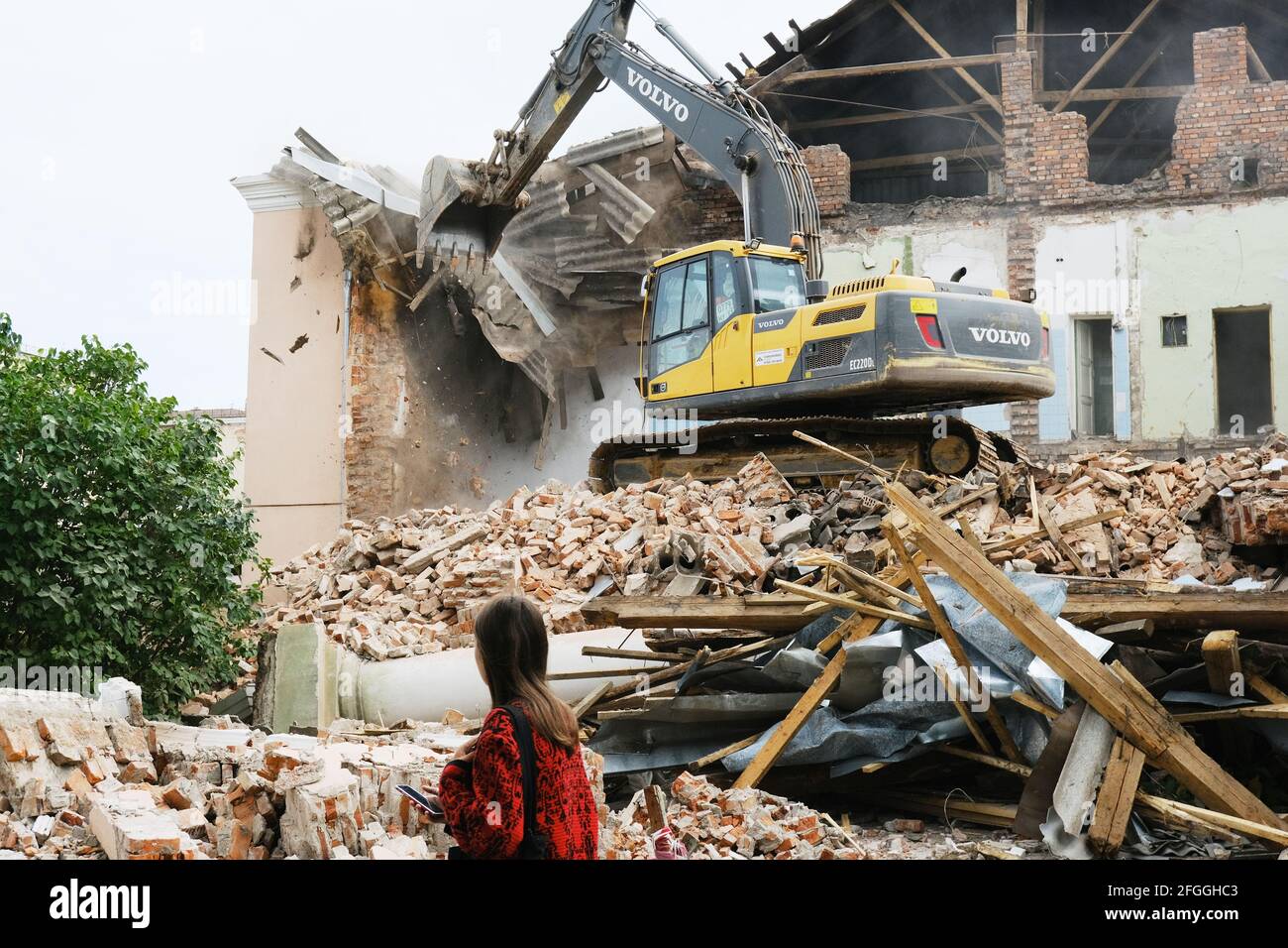 Novgorod, Russia, Aleksandr Kirillov - 08022019: An excavator destroys ...