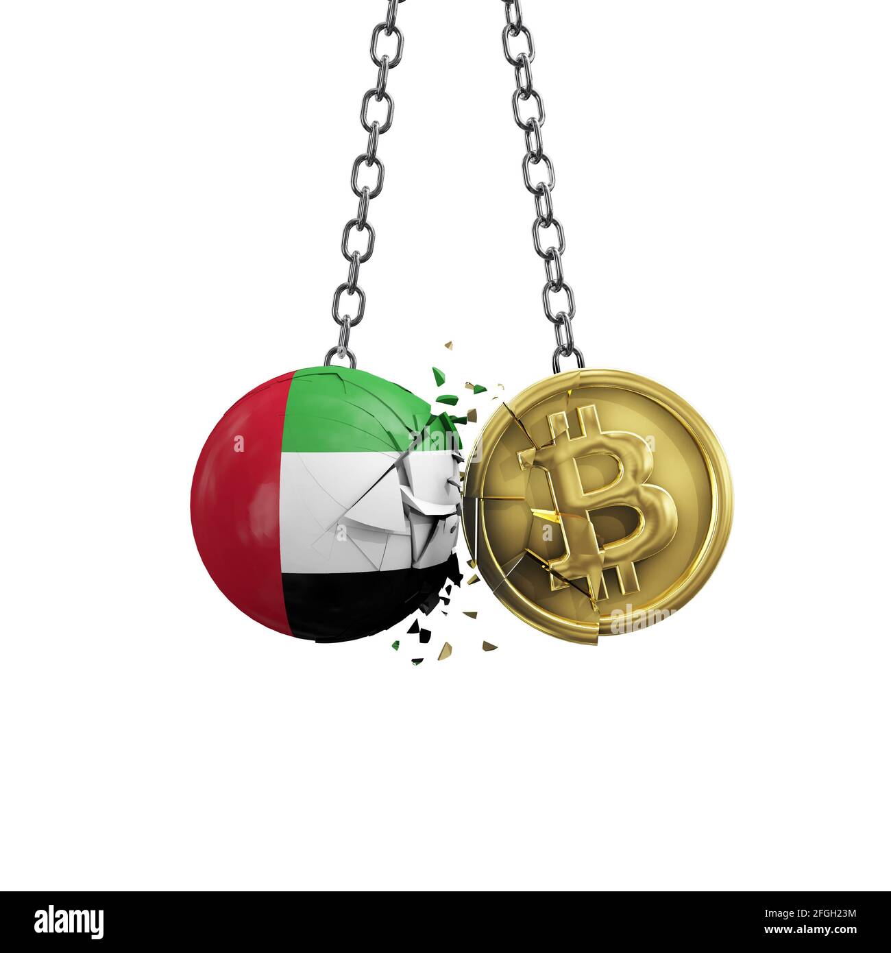 UAE flag smashing into a gold bitcoin crypto coin. 3D Rendering Stock Photo