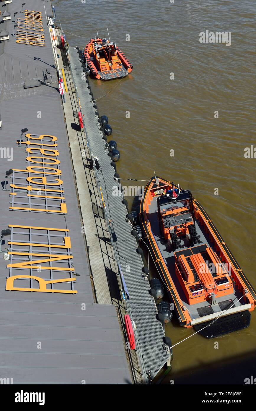 RNLI Tower Lifeboat Station, Lifeboat Pier, Waterloo Bridge, Victoria Embankment, London, United Kingdom Stock Photo