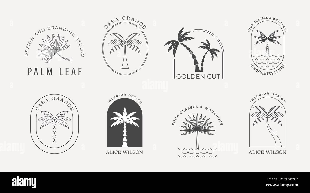 Bohemian linear logos with palms, beach, ocean landscapes, icons and symbols, sun design templates, terracotta geometric abstract design elements for Stock Vector