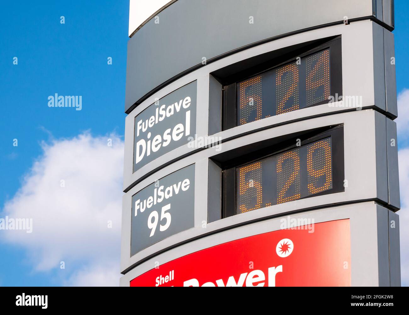 Royal Dutch Shell gas station signage gas prices closeup, FuelSave Diesel, 95, price numbers up close, detail Fuel, gasoline petrol industry economy, Stock Photo