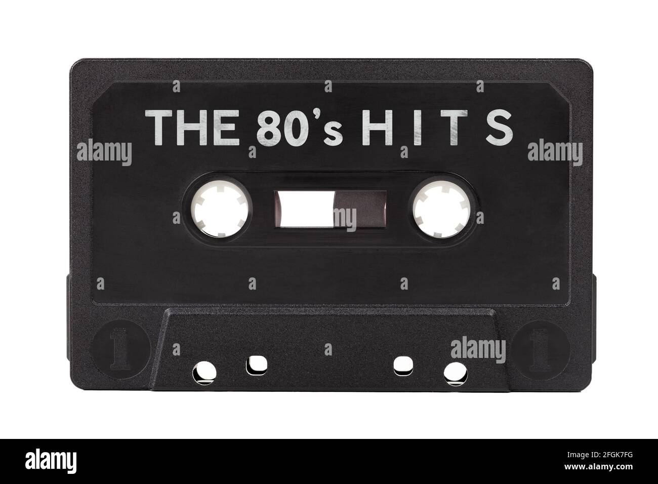 The 80s hits, old vintage 80's audio, hit songs compilation, retro mixtape, black tape audio cassette object isolated on white, cut out. Eighties musi Stock Photo