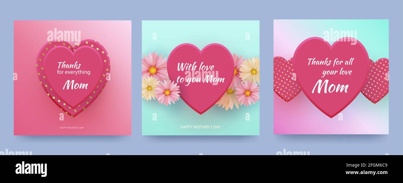 Mother card with pink hearts and spring flowers on gradient pink ...