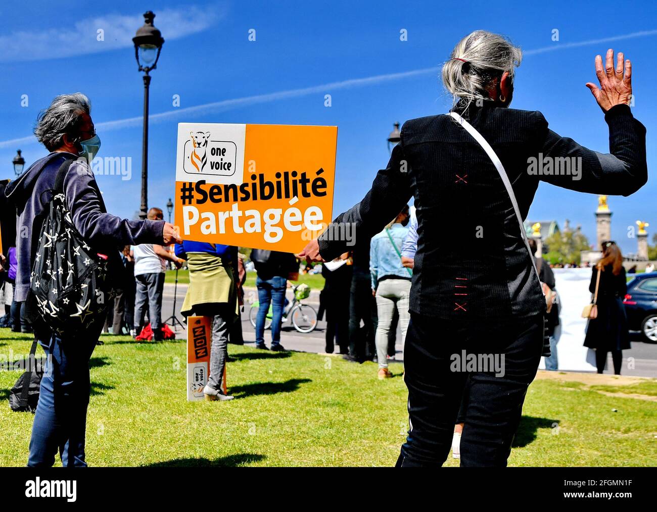 Paris, France. 25th Apr, 2021. ‘Stop animal experimentation' rally by One Voice Animalist Party, to protest against animal testing in front of the National Assembly in Paris, France, on April 24, 2021. Photo by Karim Ait Adjedjou/Avenir Pictures/ABACAPRESS.COM Credit: Abaca Press/Alamy Live News Stock Photo