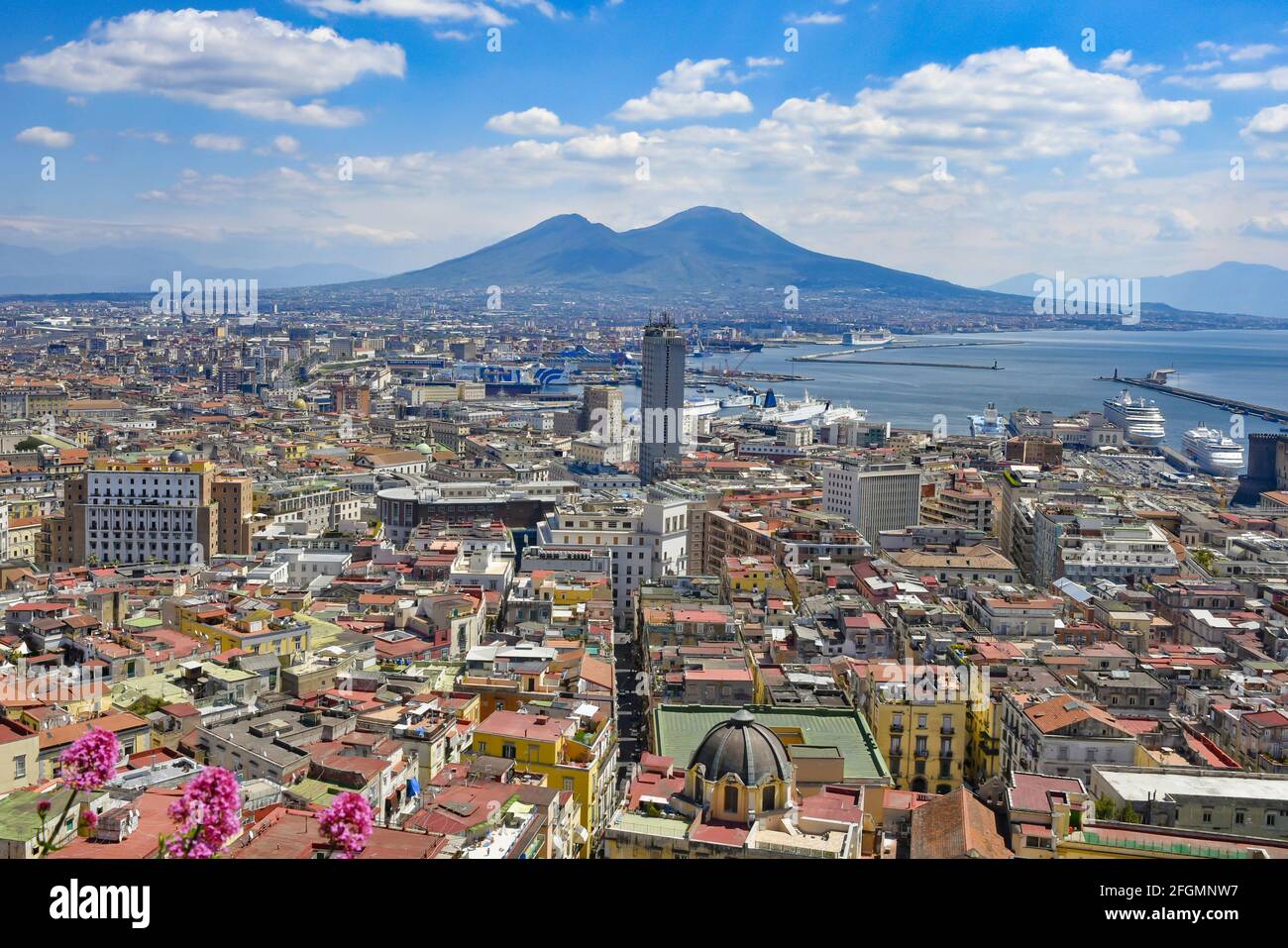 Panorama of the city of Naples from the vineyard of the abbey of Saint Martin, Italy. Stock Photo