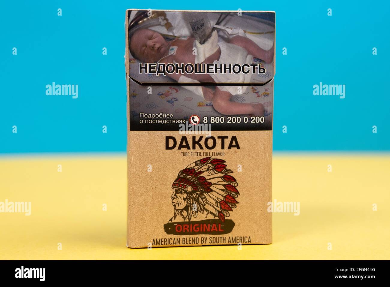 dakota cigarettes Tyumen, Russia-april 17, 2021: Dakota Cigarette Pack Original close-up. cigarette packs with a warning smoking prematurity Stock Photo