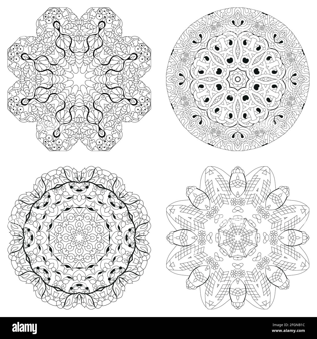 Vector Adult Coloring Book Textures. Hand-painted art design. Adult anti-stress coloring page. Black and white hand drawn illustration set of 4 mandal Stock Vector