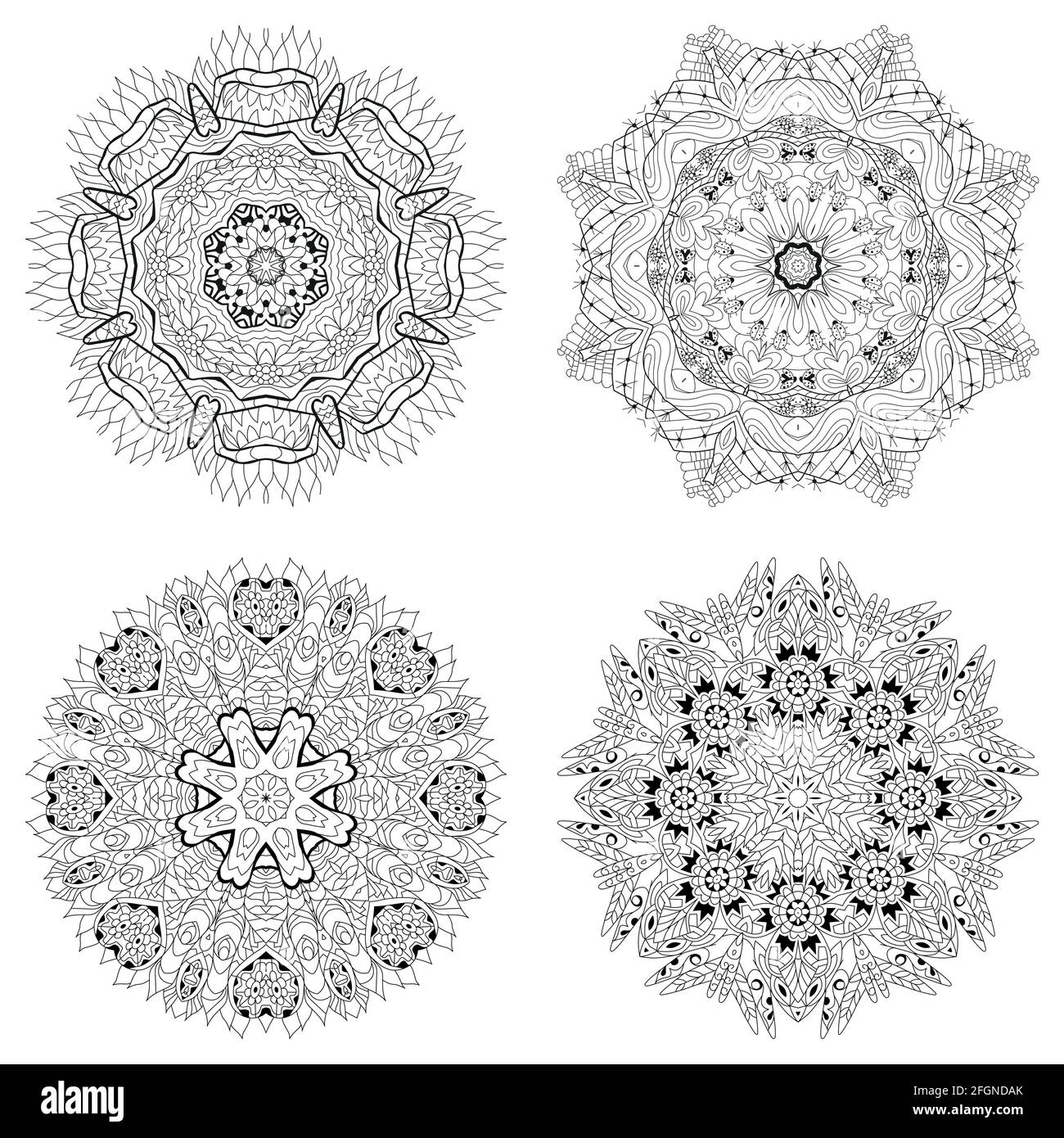 Vector Adult Coloring Book Textures. Hand-painted art design. Adult anti-stress coloring page. Black and white hand drawn illustration set of 4 mandal Stock Vector