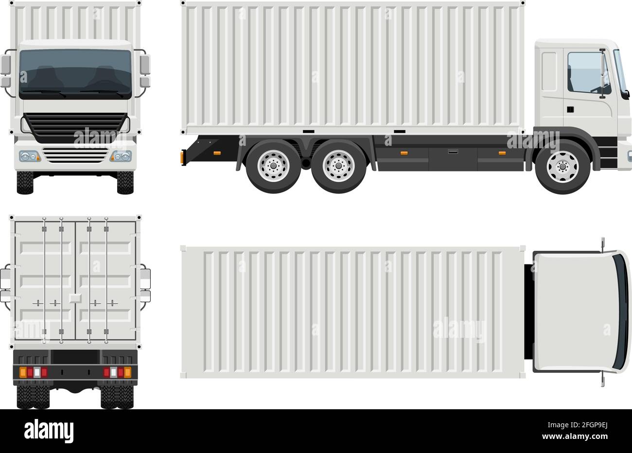Container truck vector template with simple colors without gradients and effects. View from side, front, back, and top Stock Vector