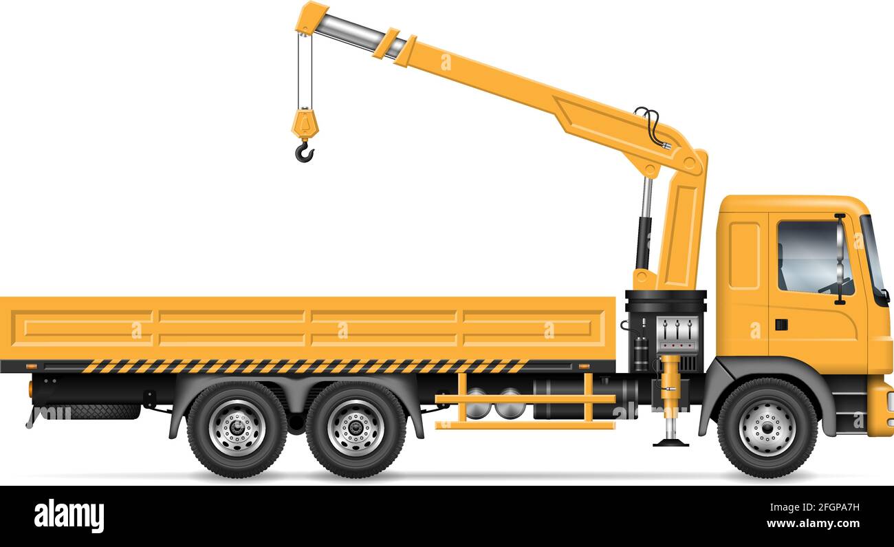 Crane truck vector illustration view from side isolated on white. Construction and loading equipment mockup. All elements in the groups for easy edit Stock Vector