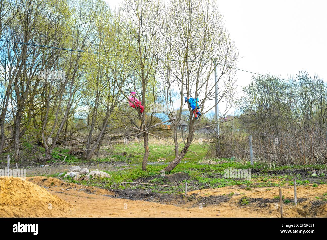 two kids climb trees in the village in the spring Stock Photo