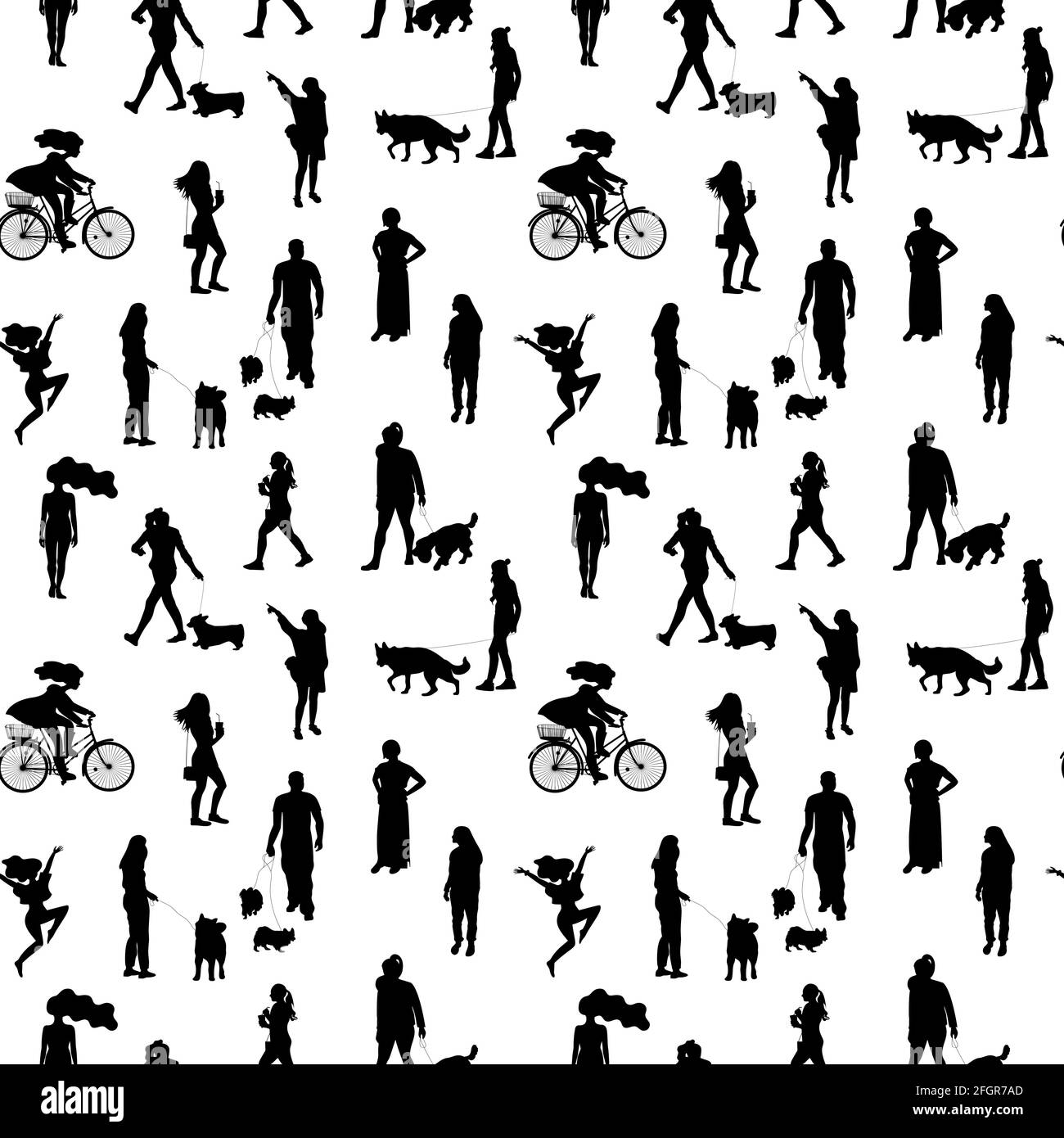Black and white monochrome seamless pattern with silhouettes of many walking and standing people in summer clothes Stock Vector