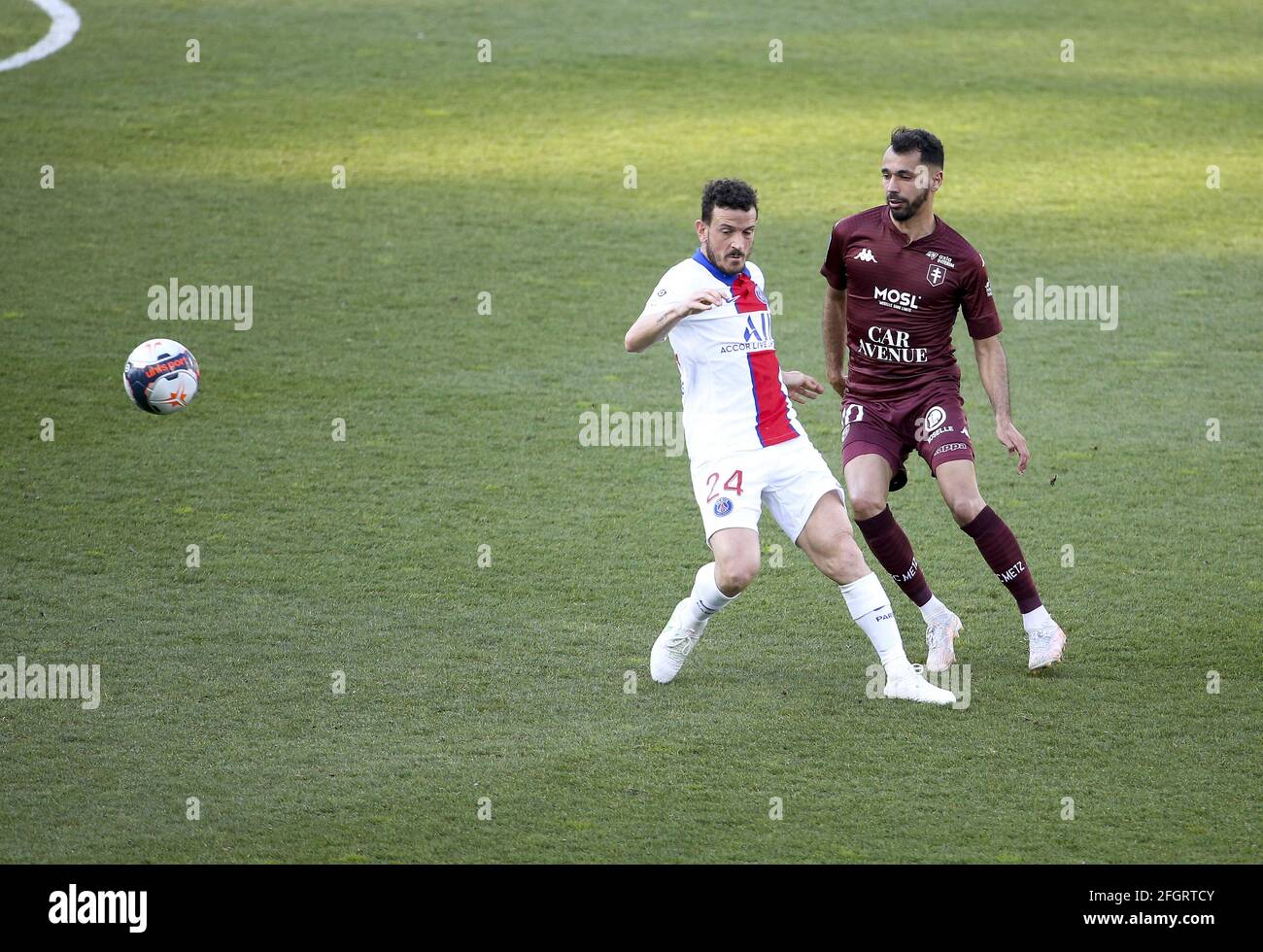 Metz, France. 24th Apr, 2021. Alessandro Florenzi of PSG, Farid Boulaya of  FC Metz during the French championship Ligue 1 football match between FC  Metz and Paris Saint-Germain (PSG) on April 24,