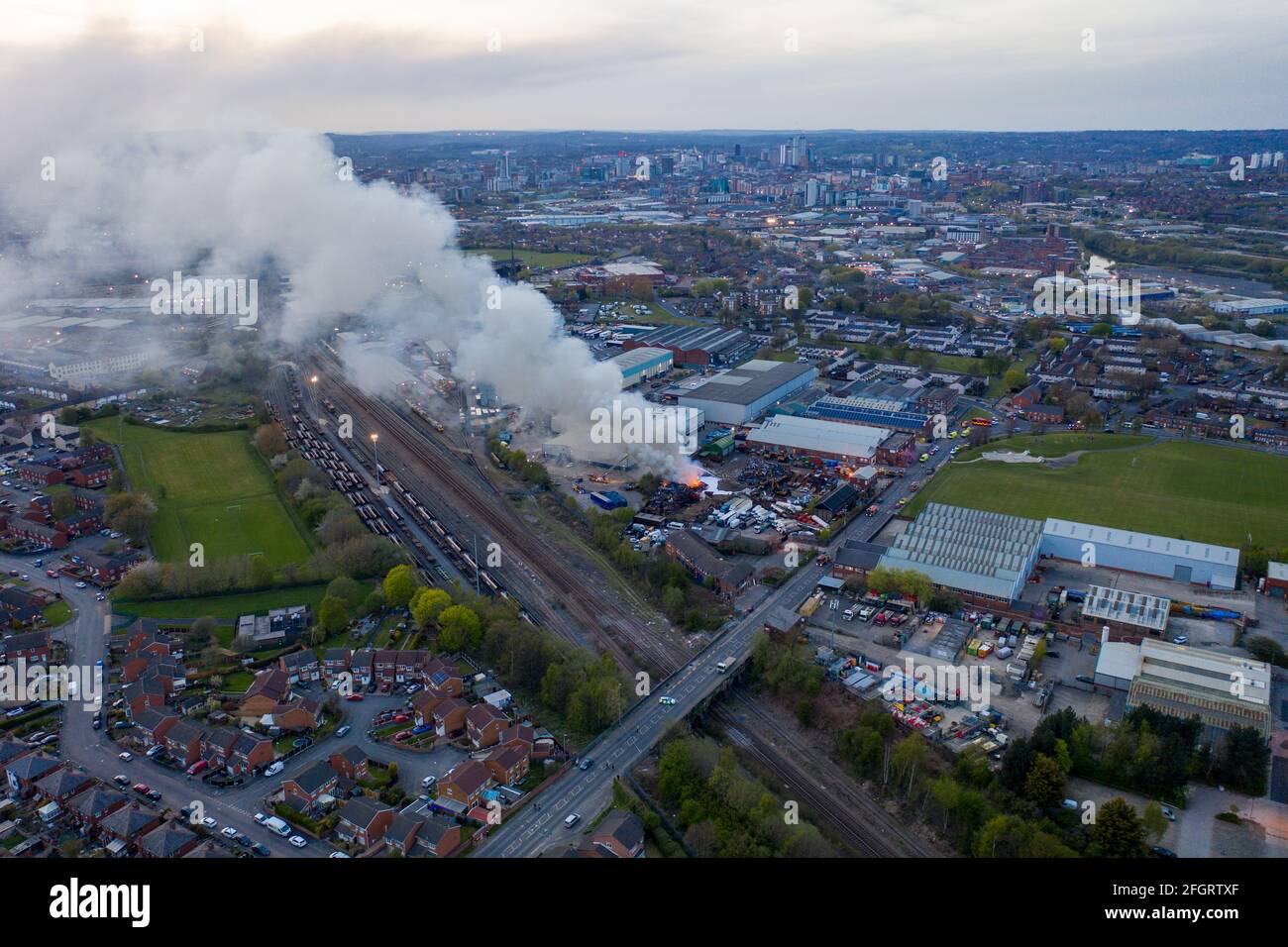 Leeds UK, 24th April 2021 Aerial photo of a large fire in a Scrap yard in the town of Hunslet