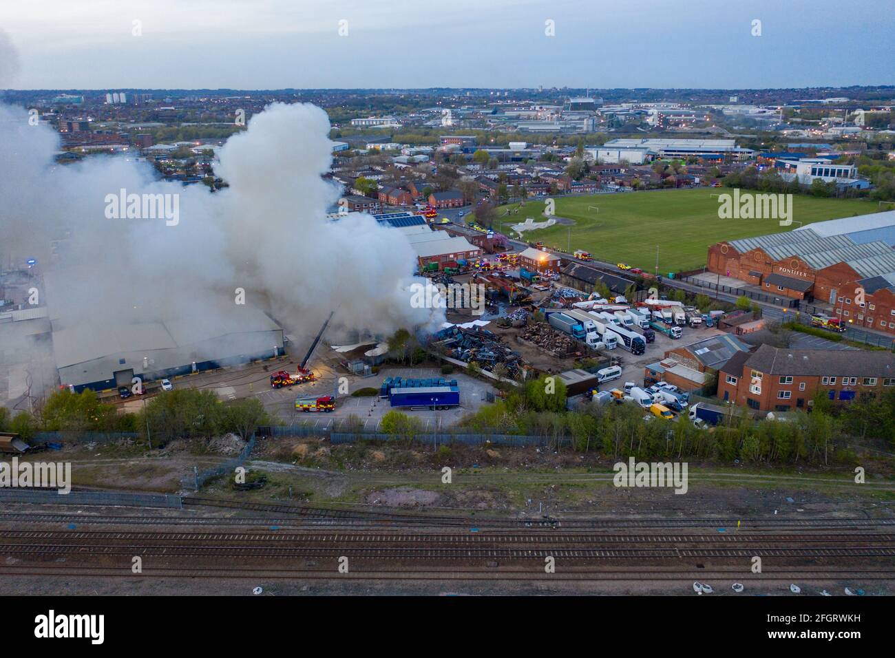 Leeds UK, 24th April 2021 Aerial photo of a large fire in a Scrap yard in the town of Hunslet