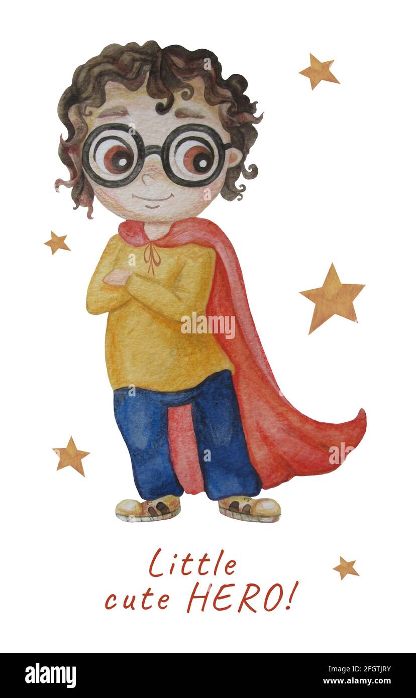 Little cute hero. Bright cute super boy with glasses and curly hair in a red long cloak. Stands, arms crossed over his chest. Watercolor. Kids collect Stock Photo