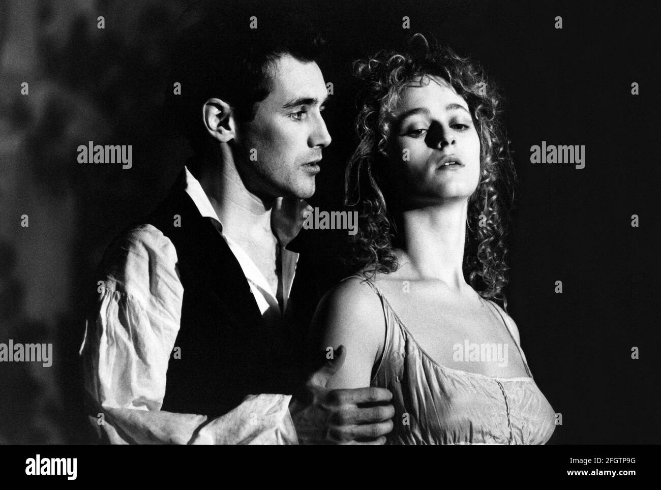 Mark Rylance (Percy Bysshe Shelley), Lizzy McInnerny (Claire Clairmont) in BLOODY POETRY by Howard Brenton at the Royal Court Theatre, London SW1  12/04/1988  design: Kenny Miller  lighting: Rick Fisher  director: Max Stafford-Clark Stock Photo