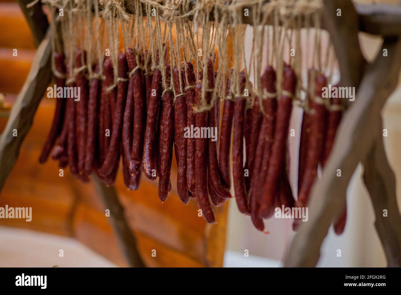Traditional Hunting Sausages on the table. Family gathering for food ...