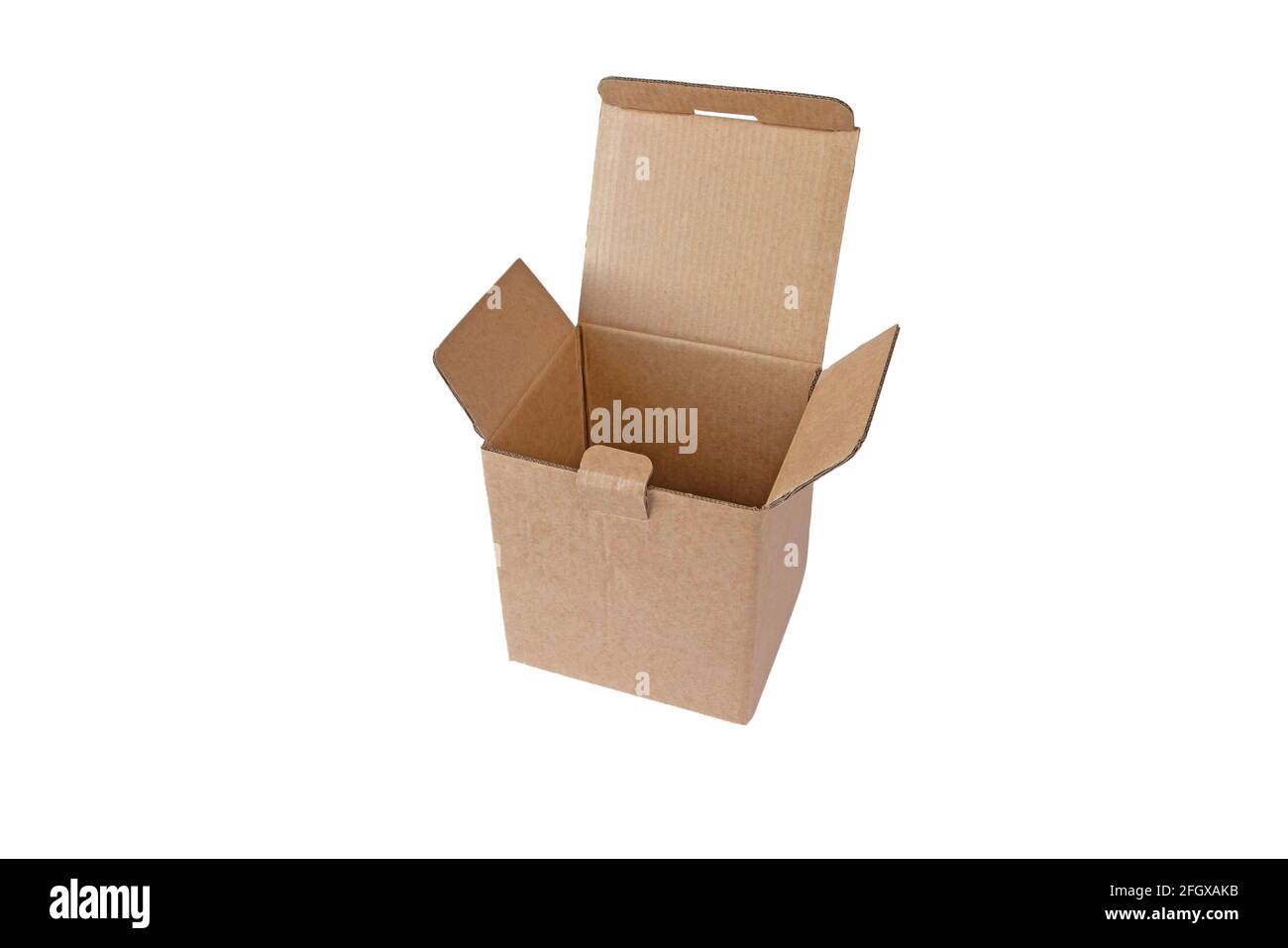 Opened empty brown cardboard box. Shipment package.  Isolated on white. Stock Photo