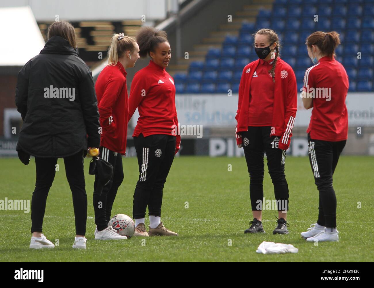 Chesterfield, UK. 25th April 2021. Sheffield United players arrive ahead of the FA Womens Championship game between Sheffield United and Liverpool FC at the Technique Stadium in Chesterfield Credit: SPP Sport Press Photo. /Alamy Live News Stock Photo