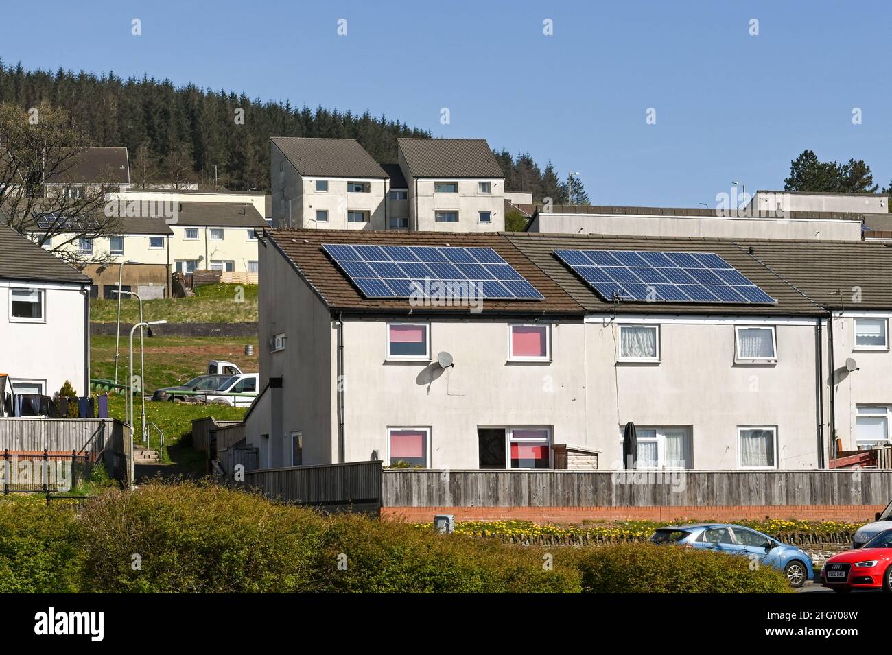 Penrhys, Rhondda valley, Wales - April 2021: Social housing with solar panels on the roof in Penrhys in the Rhondda valley Stock Photo
