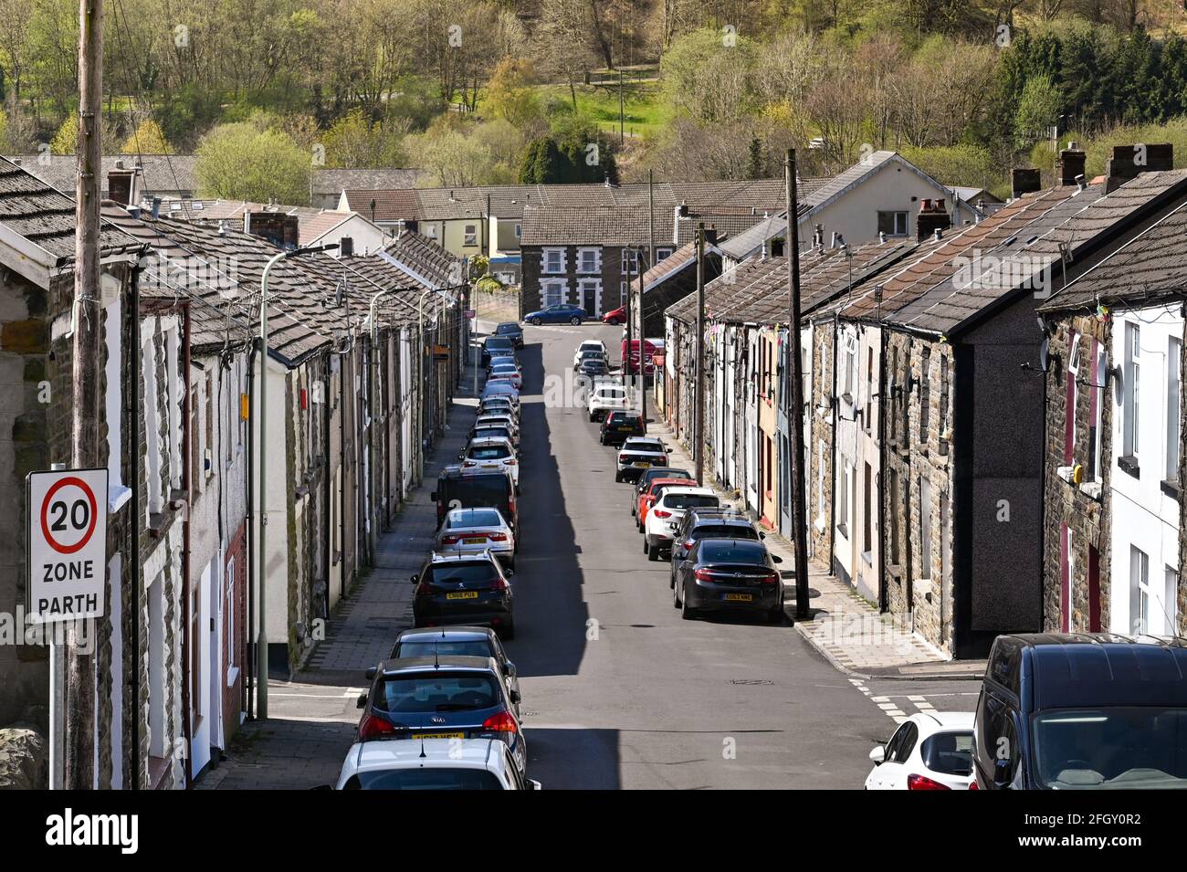 Rhondda valley, Wales April 2021 Traditional terraced homes on a