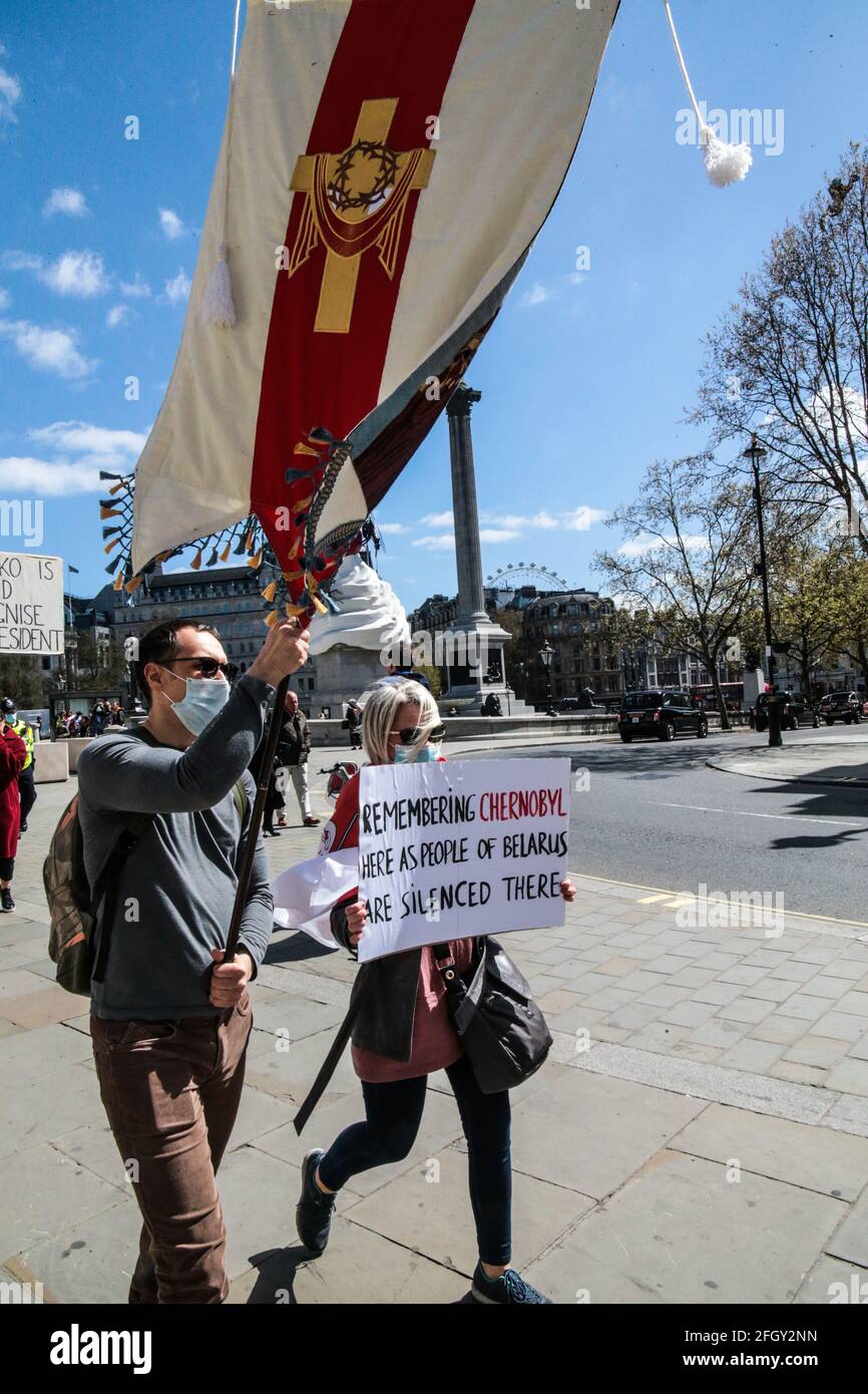 London, UK. 25th Apr, 2021. With 99 per cent of the land of Belarus contaminated to varying degrees, the people of this stricken country are forced to live, eat, drink and breathe radiation. today they remember 35 years since the disaster and ask for nuclear disarmament. Credit: Paul Quezada-Neiman/Alamy Live News Stock Photo