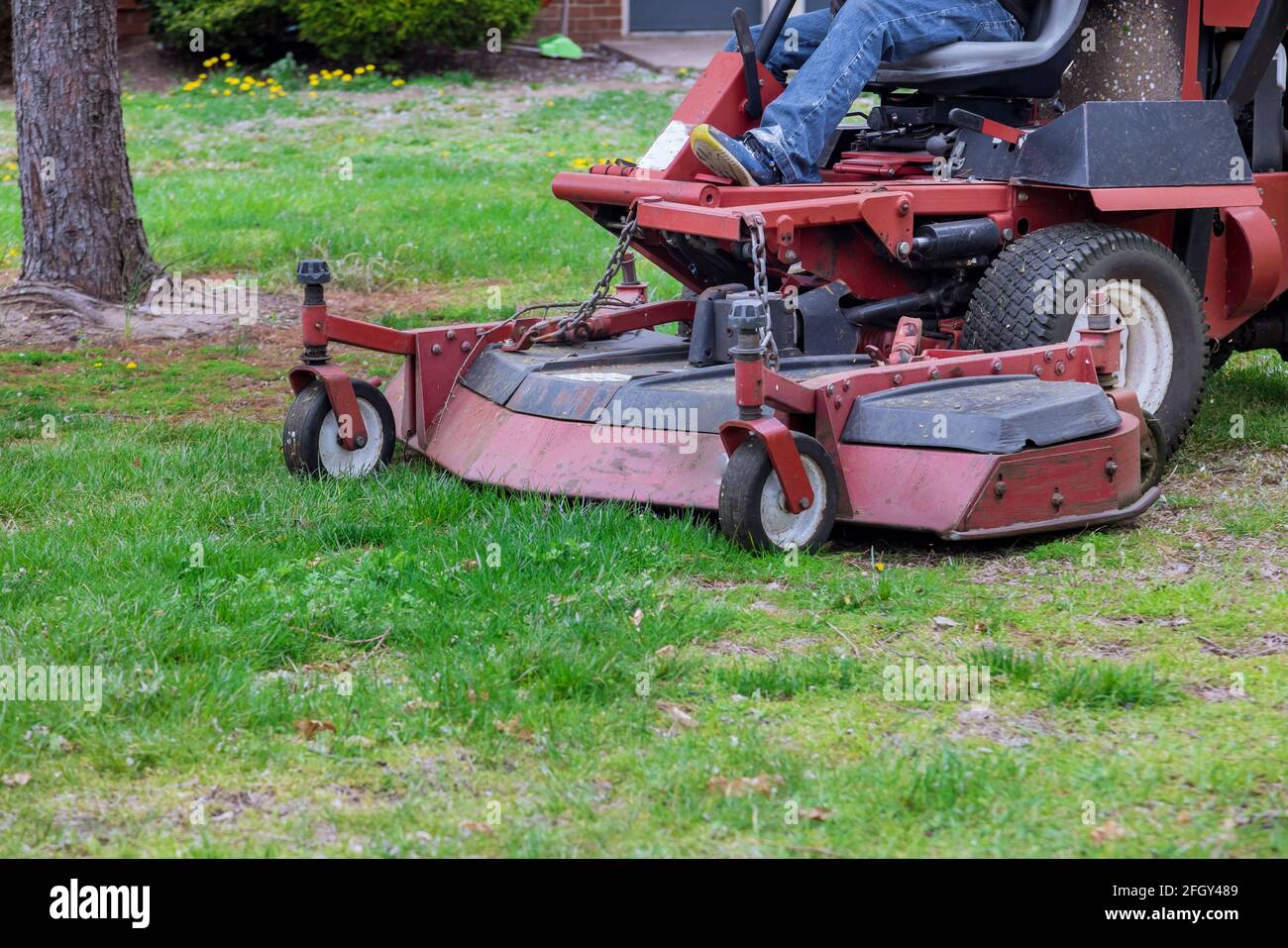 Man ride-on with lawnmower mows green grass Stock Photo
