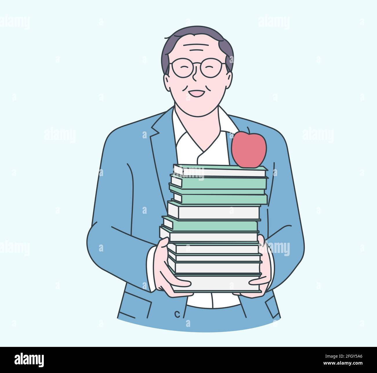 Happy teachers day concept. Happy old teacher holds a books t hands at school or college Stock