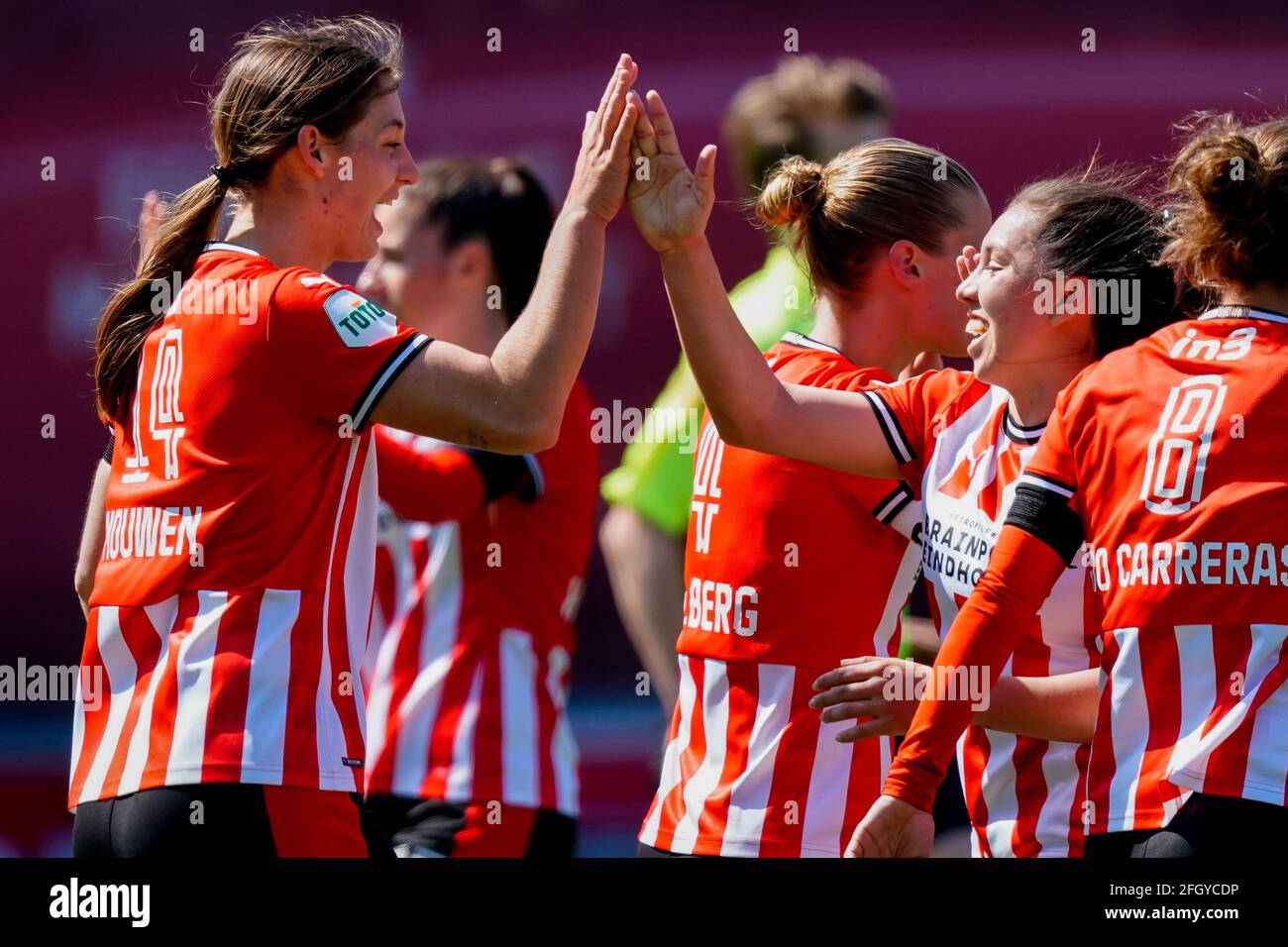 EINDHOVEN, NETHERLANDS - APRIL 25: Aniek Nouwen of PSV and Anika Rodriguez of PSV celebrate their sides win during the Eredivisie Women match between Stock Photo