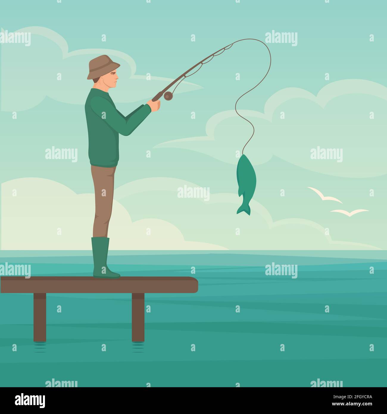 Vector illustration of a cartoon fisherman, man cath fish on fishing rod  Stock Vector Image & Art - Alamy