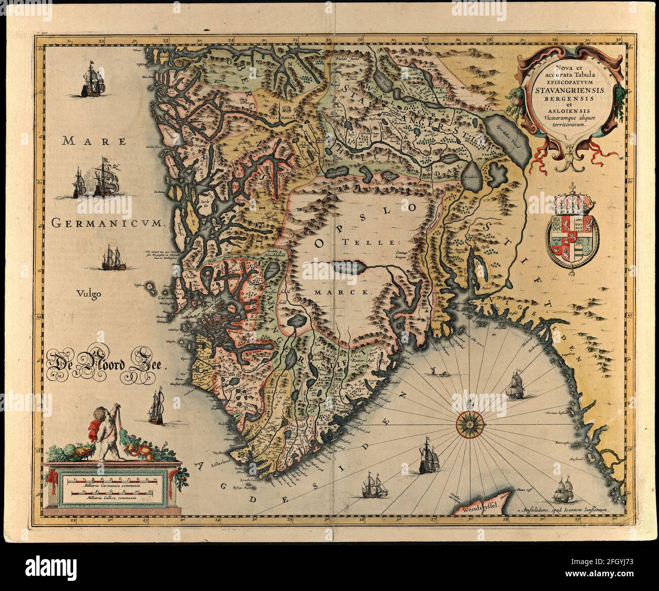 Vintage hand drawn Janssonius's map of Norge from 17th century. All maps are beautifully colored and illustrated showing known world at moment. Stock Photo