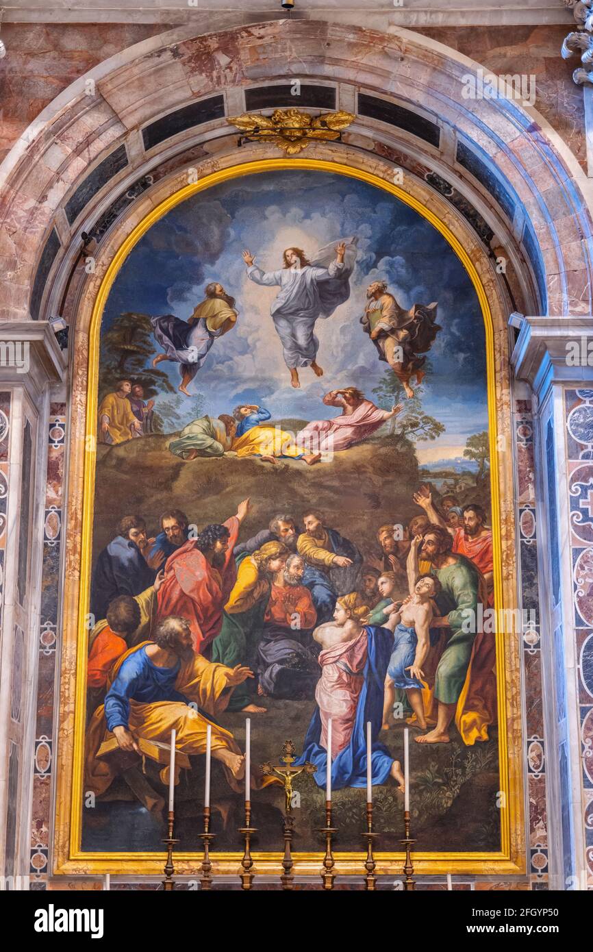 Mosaic in Altar of Transfiguration, a reproduction of Raphael last painting (1520) in Saint Peter Basilica in Vatican, Rome, Italy. It took team of si Stock Photo