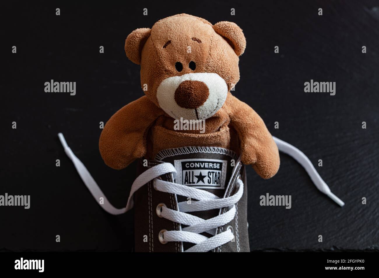 Ukraine: April 2021: Plush bear in Converse All Star shoes on black background Stock Photo - Alamy